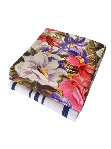 2 Pack Water Floral & Blue Stripe Sure Grip Kitchen Towel Gift Set, 100% Cotton Dish Towels